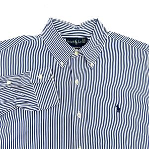 Ralph Lauren Mens Blue White Striped Custom Fit Button Down Shirt Size Large